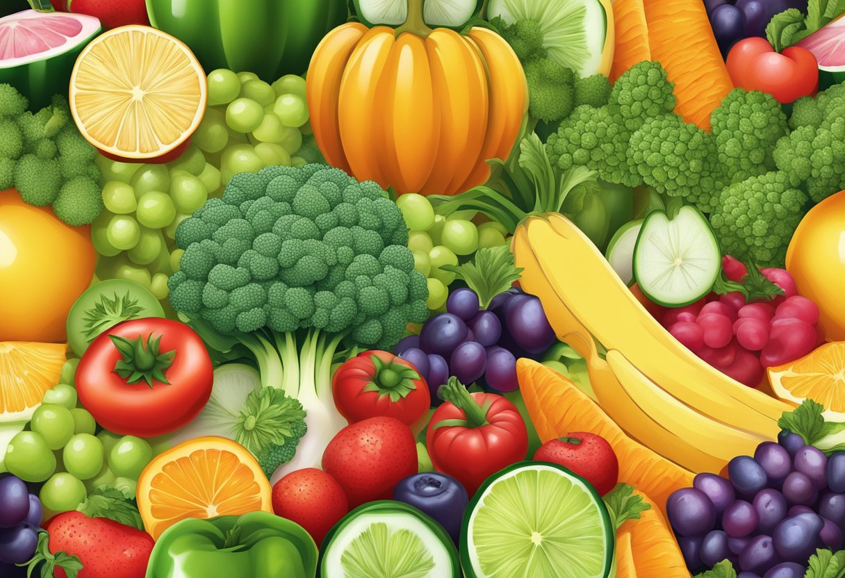 A variety of colorful fruits and vegetables arranged in a visually appealing manner, with some vitamin supplements nearby