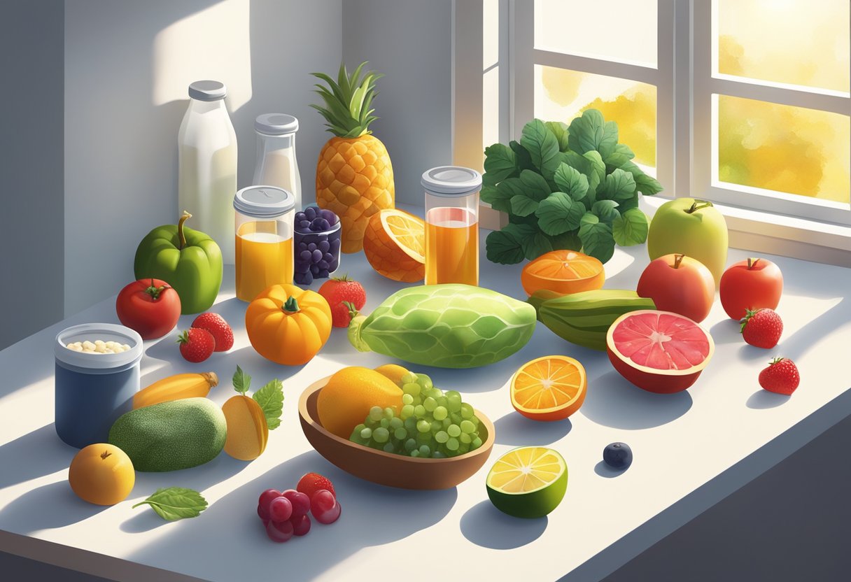 A colorful array of fruits, vegetables, and supplements arranged on a clean, white surface. Sunshine streams in through a window, casting a warm glow over the scene