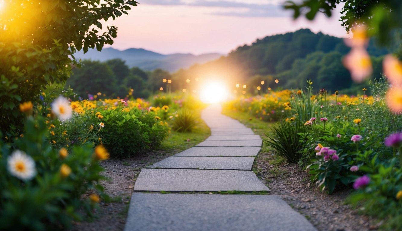 A serene landscape with a winding path leading towards a glowing light at the end, surrounded by lush greenery and vibrant flowers