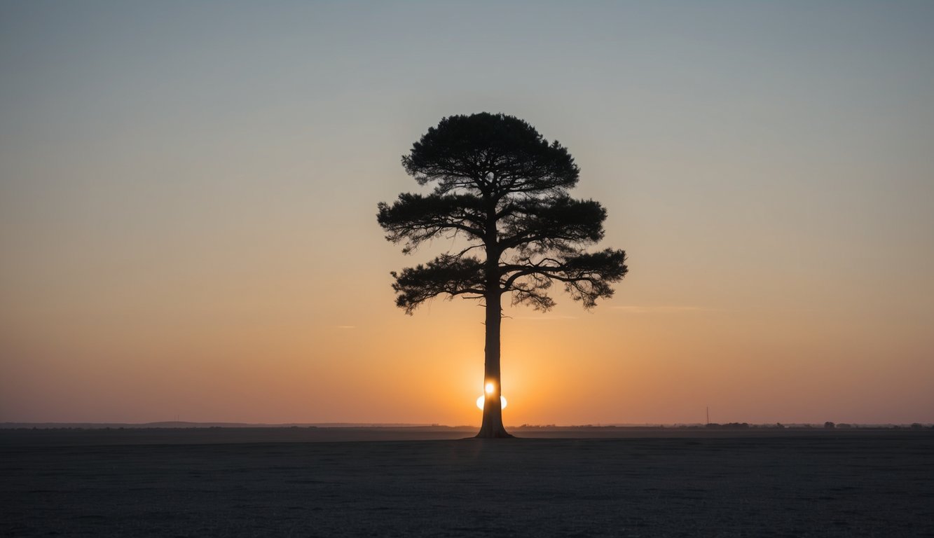 A solitary tree standing tall in a vast, serene landscape, with the sun setting in the distance, evoking a sense of purpose and meaning in life