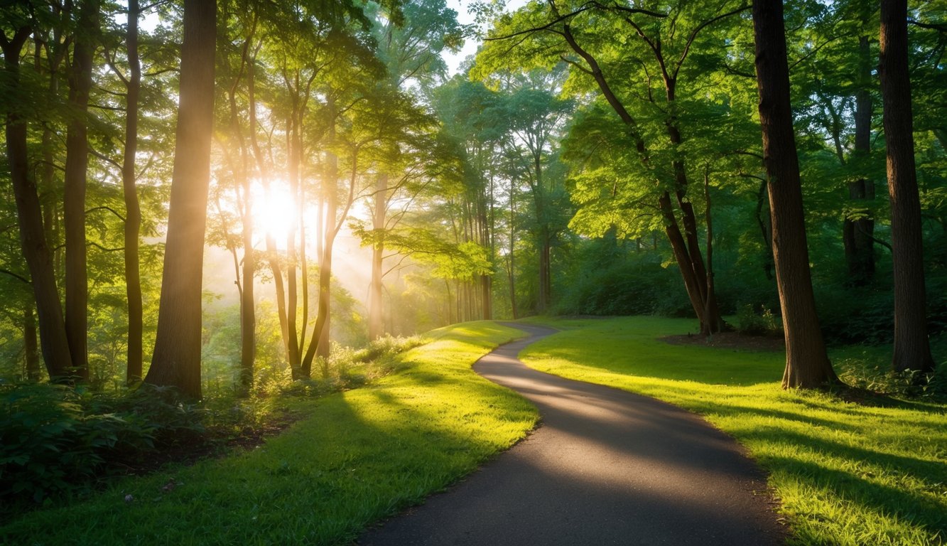 A winding path through a lush forest, with sunlight filtering through the trees and illuminating a small, tranquil clearing