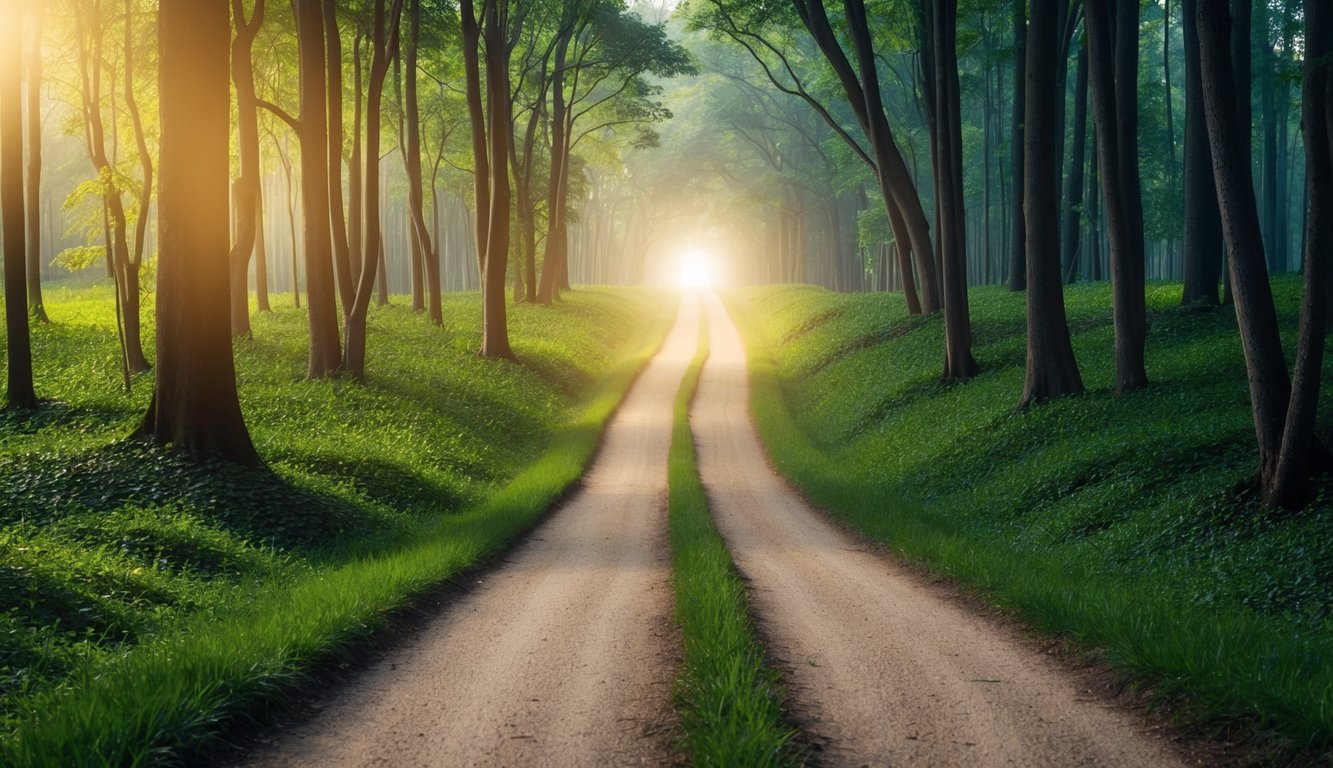 A winding path through a lush forest leads to a glowing light at the end, symbolizing the journey of setting and pursuing goals to find purpose and well-being