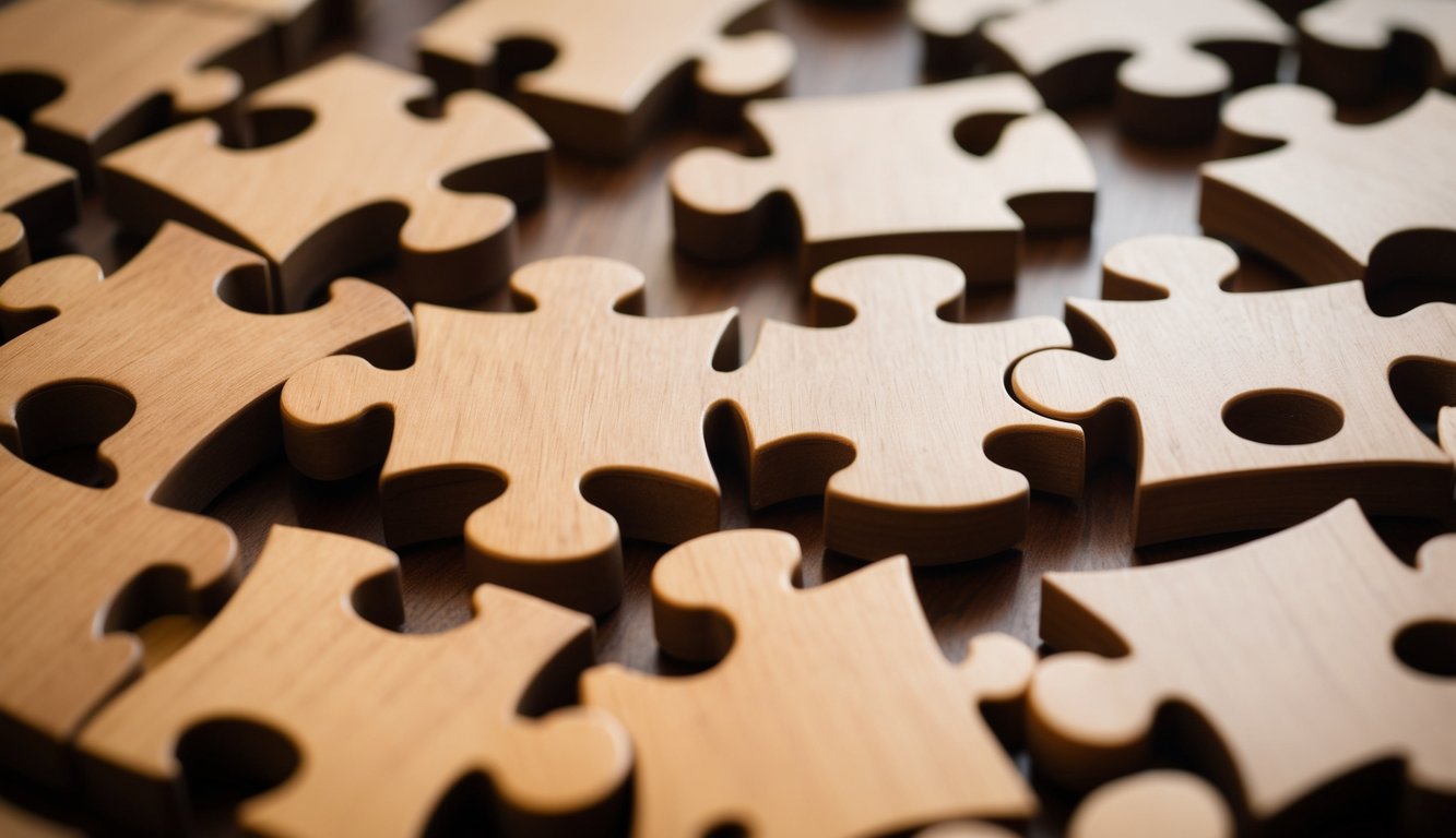 A group of interconnected puzzle pieces forming a cohesive image, symbolizing the role of relationships in finding purpose and contributing to well-being