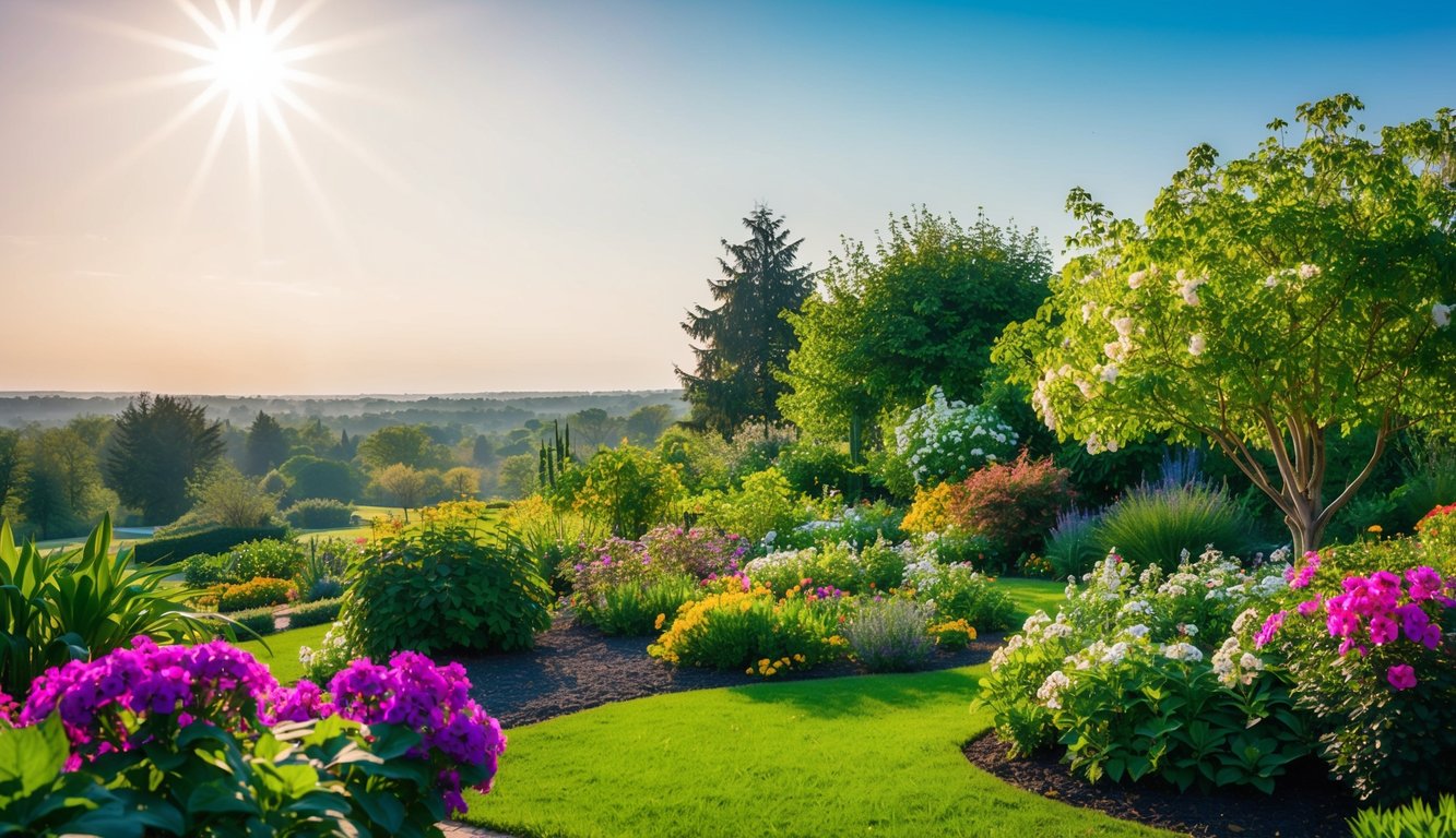 A vibrant garden with blooming flowers and lush greenery, surrounded by a peaceful and serene natural landscape, with a bright sun shining overhead