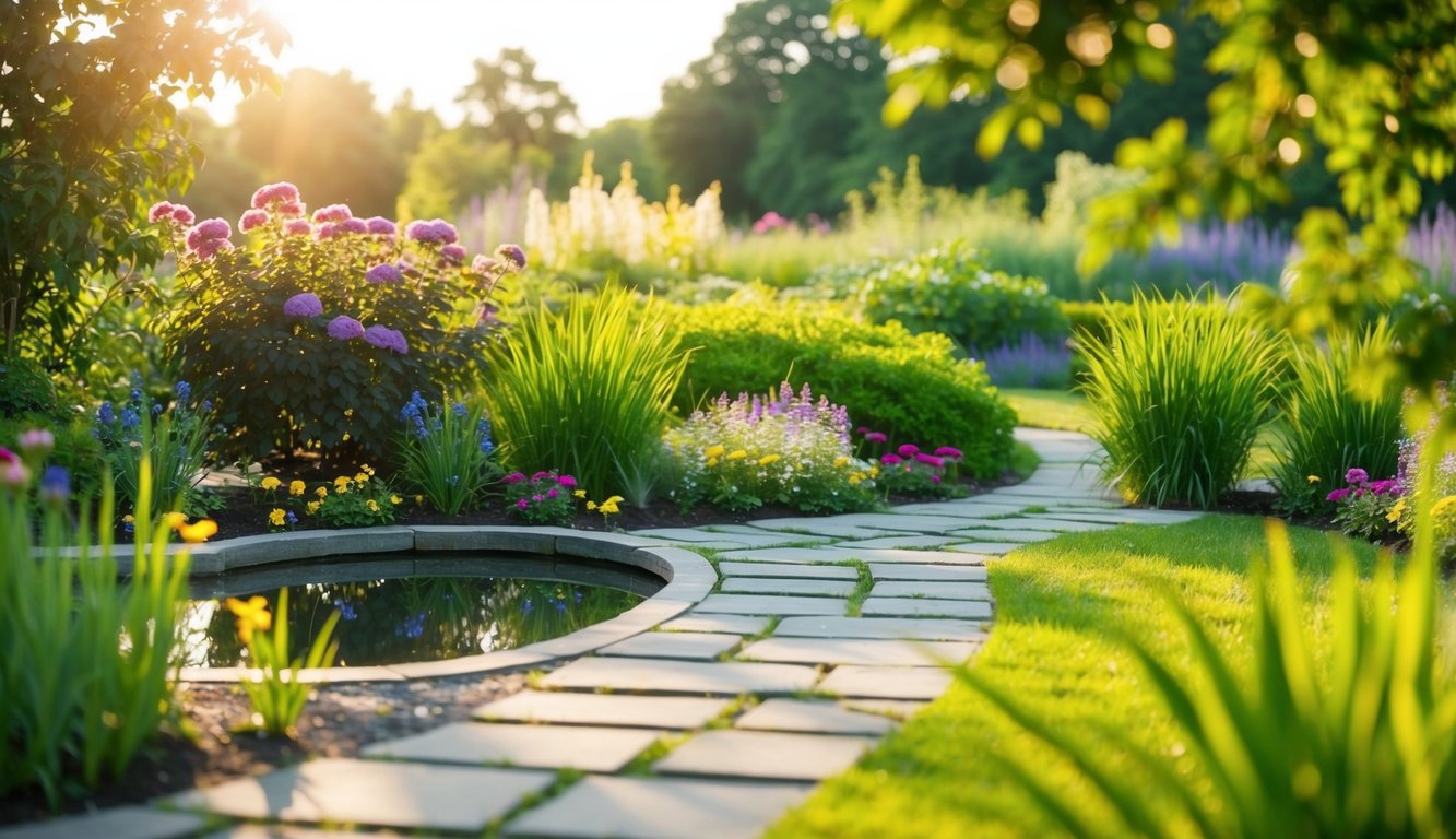 A serene, sunlit garden with a winding path leading to a tranquil pond surrounded by vibrant flowers and lush greenery