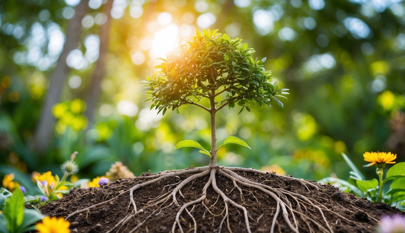 A tree growing from a seed, reaching towards the sun, with roots firmly planted in the ground, surrounded by diverse flora and fauna