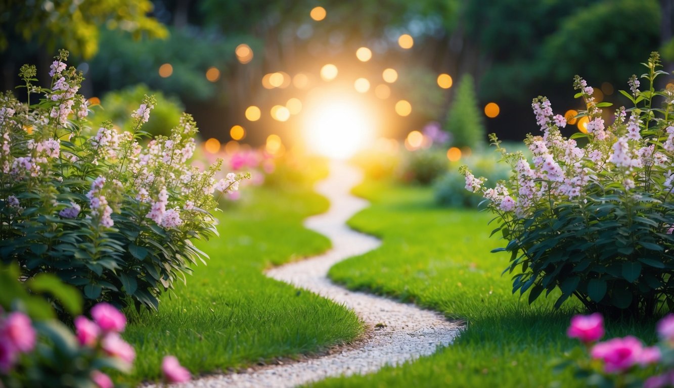 A serene garden with blooming flowers and a winding path leading to a glowing light at the end, symbolizing the journey of finding and cultivating one's talents and strengths