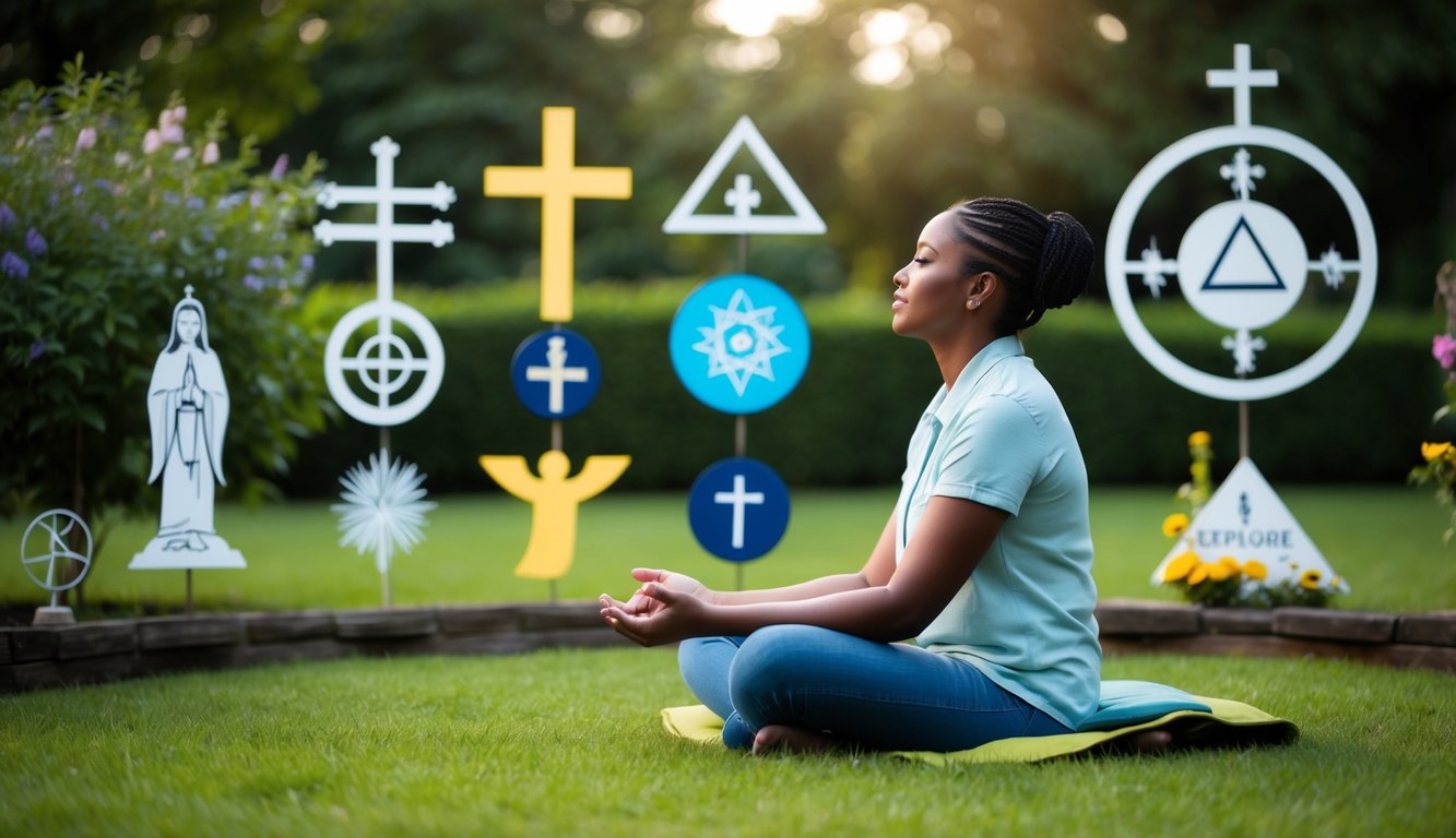 A person sitting in a peaceful garden, surrounded by symbols of different religions and spirituality, reflecting on their purpose and finding inner peace