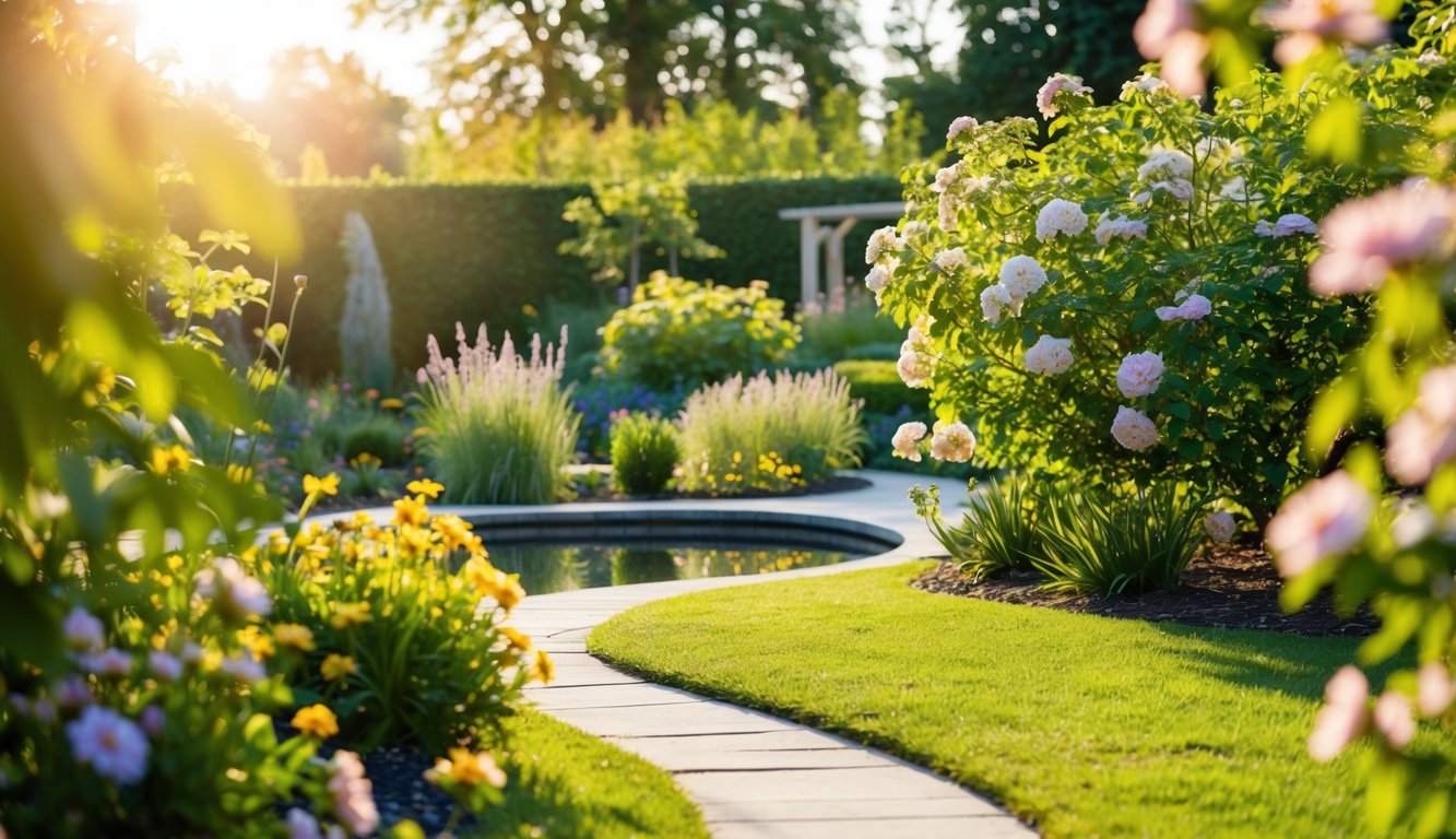 A serene, sunlit garden with blooming flowers and a winding path leading to a tranquil pond