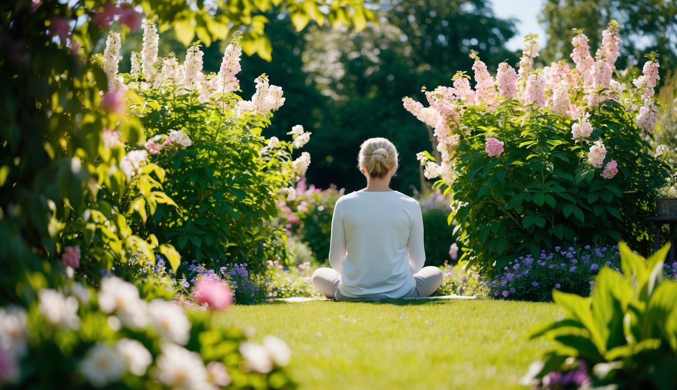 A person sitting in a peaceful garden, surrounded by blooming flowers and lush greenery. The sun is shining, and there is a sense of calm and tranquility in the air