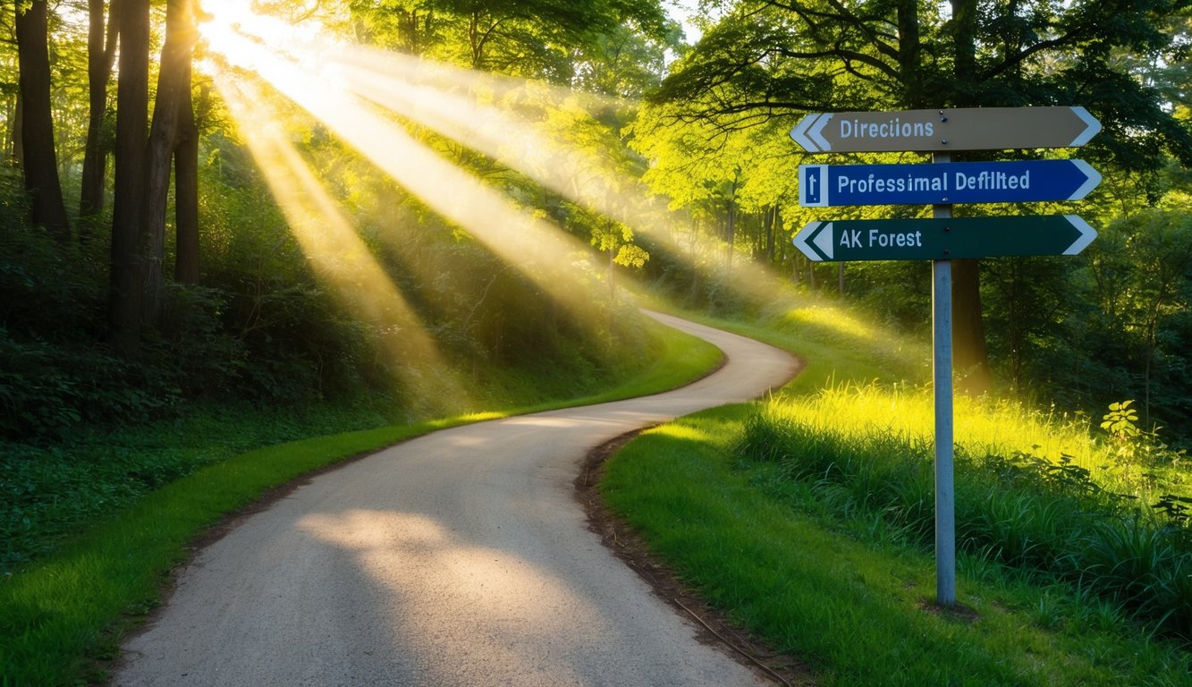 A winding path through a lush forest, with sunlight streaming through the trees and illuminating a signpost pointing in different directions