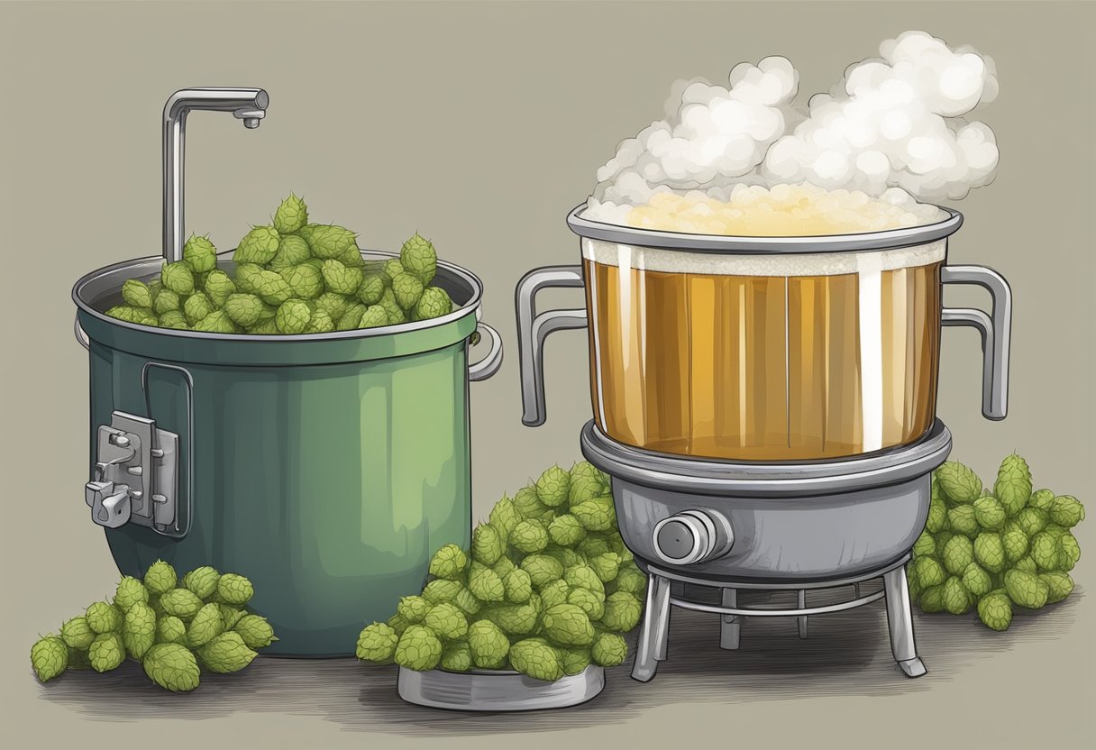 Steam rising from a large pot of boiling beer wort, with hops being added by a hand from the side