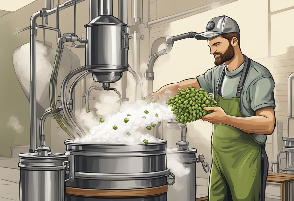 A brewer pouring fresh hops into a boiling kettle of beer, steam rising as the aroma fills the air