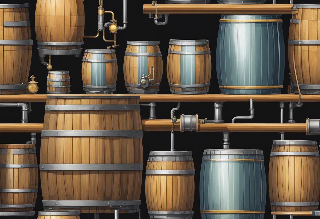 Barrels and tanks of various sizes filled with bubbling liquid, surrounded by pipes and gauges. A mixture of hops and barley in the foreground