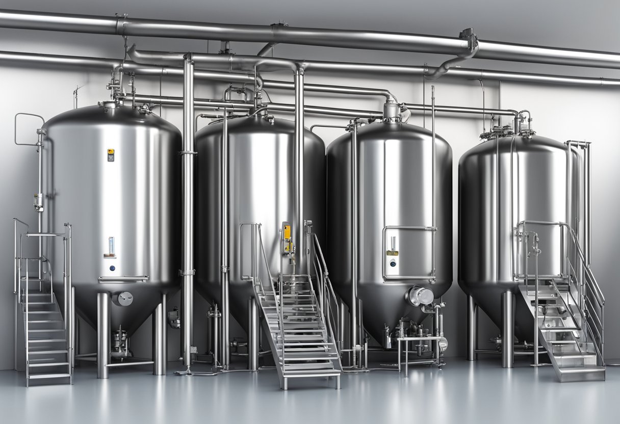 A large stainless steel fermentation tank with pipes and valves, surrounded by quality control equipment and tools to prevent contamination