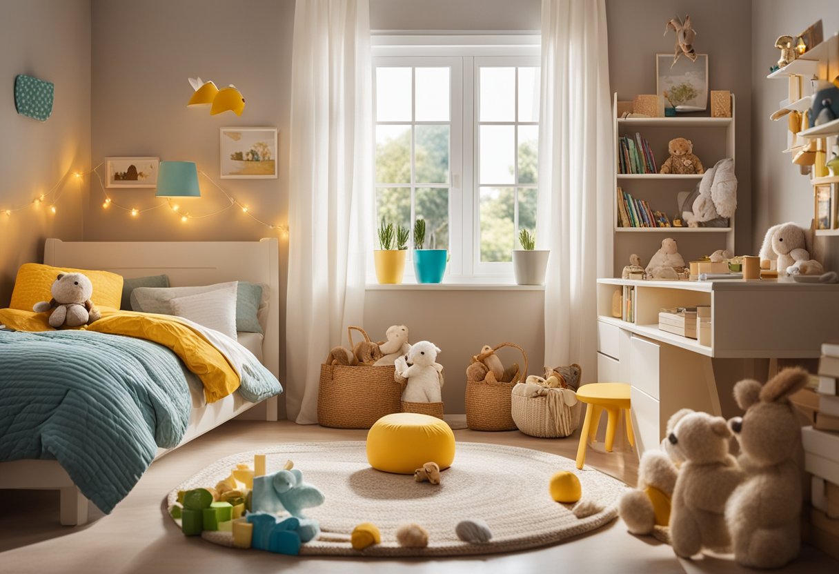 Ein buntes und gemütliches Kinderzimmer mit Spielzeug, Büchern und einem verspielten Thema. Sonnenlicht strömt durch das Fenster und wirft einen warmen Schein auf den Raum.