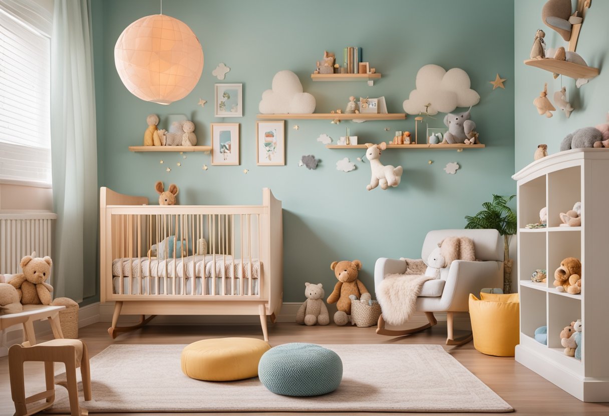 Ein farbenfrohes, verspieltes Kinderzimmer mit sanften, pastellfarbenen Wänden, einem gemütlichen Schaukelstuhl und Regalen voller Spielzeuge und Bücher. Ein Mobile mit Tieren hängt über dem Kinderbett, und ein plüschiger Teppich bedeckt den Boden.