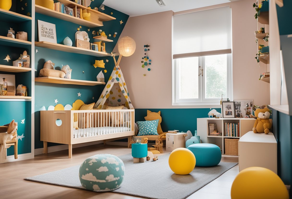 Ein buntes und verspieltes Kinderzimmer mit lustigen Wandaufklebern, einer gemütlichen Leseecke und mit Spielzeug gefüllten Regalen
