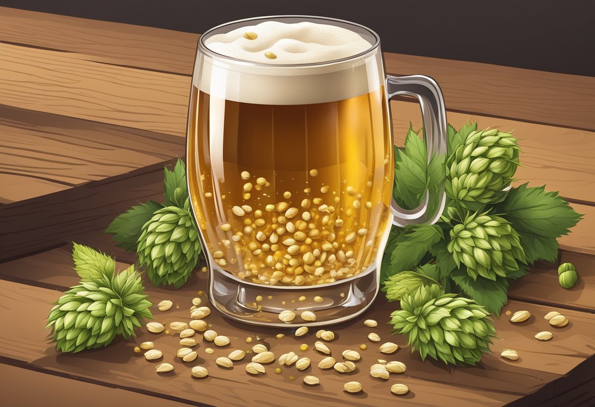 A glass of beer with malt grains and hops scattered around it on a wooden table