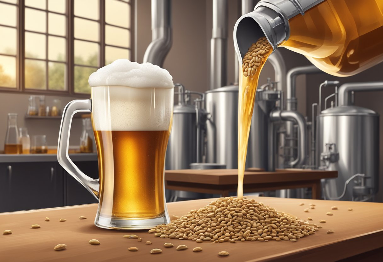 A close-up of malt grains being poured into a glass of beer, with a backdrop of brewing equipment and ingredients