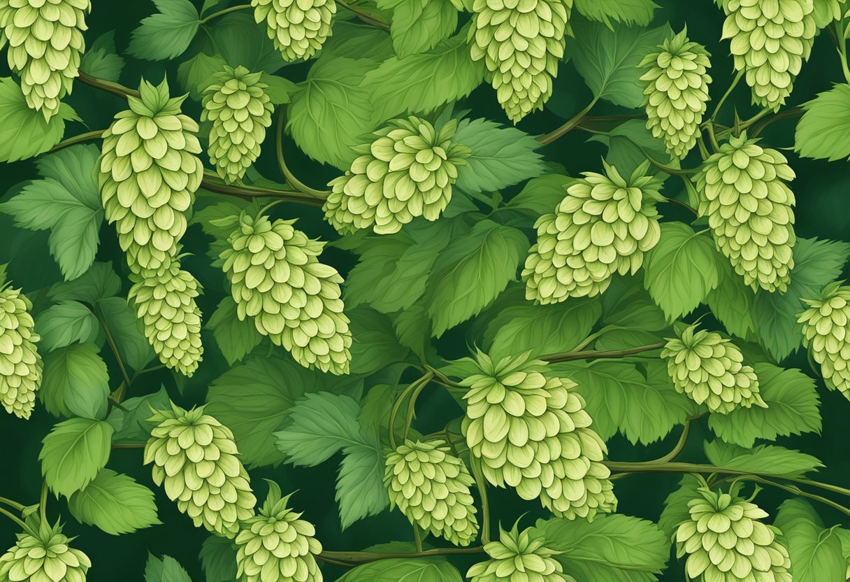 A field of mature hops vines with lush green leaves and small, cone-shaped flowers, ready for harvest