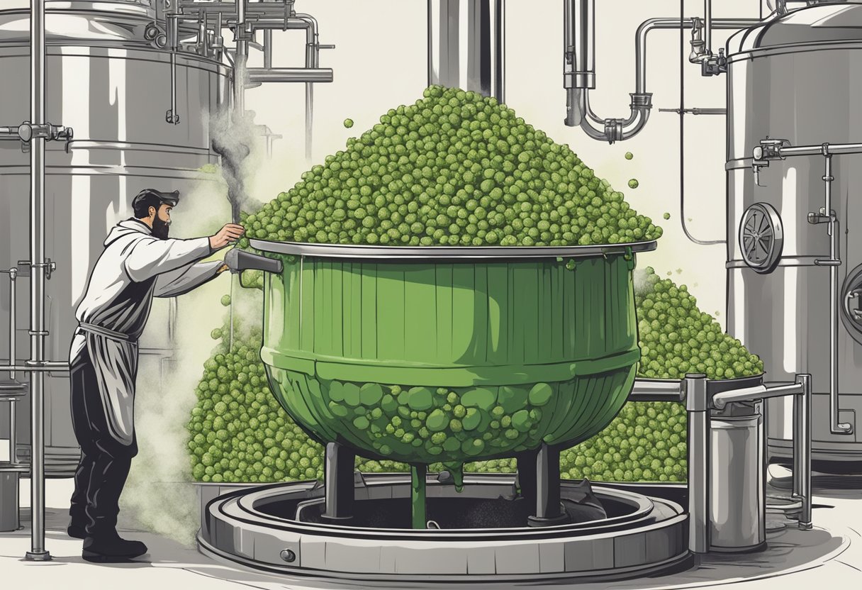 A bubbling cauldron of boiling liquid with hops being added by a figure in a brewery