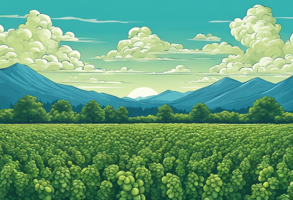 A field of lush green hops plants stretching to the horizon, with a bright blue sky above and a brewery in the distance