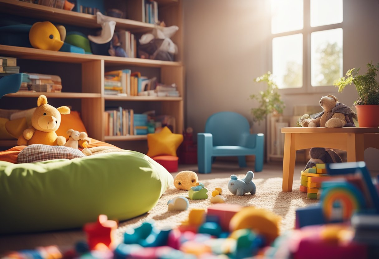 Ein buntes Kinderzimmer mit Spielzeug, Büchern und einem gemütlichen Bett unter einem Fenster, durch das Sonnenlicht strömt.