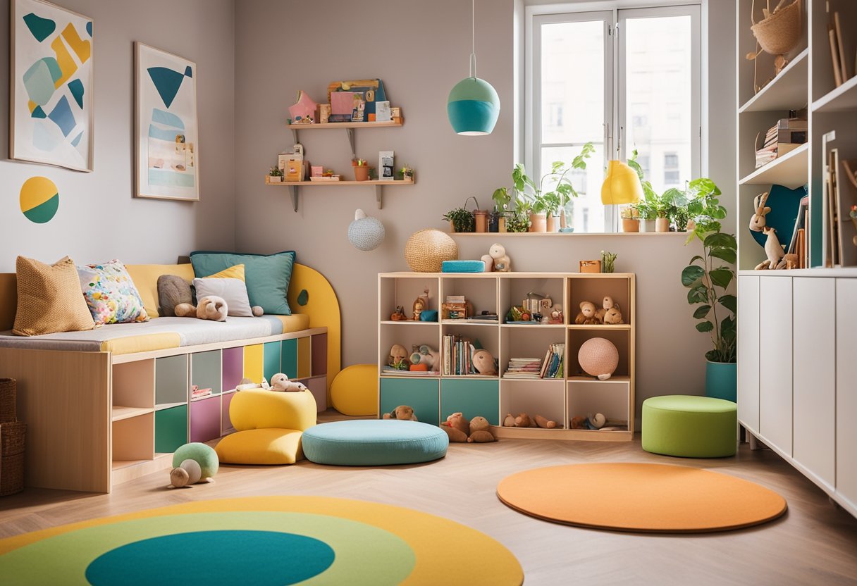Ein buntes, verspieltes Kinderzimmer mit einer gemütlichen Leseecke, Spielzeugaufbewahrung und fantasievoller Wandkunst