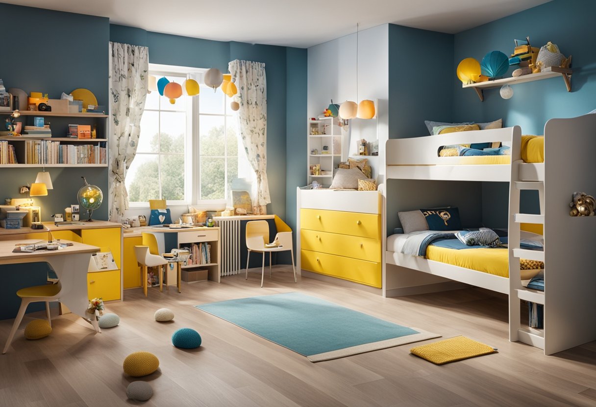Ein buntes und verspieltes Kinderzimmer mit thematischen Dekorationen und verschiedenen Möbelstilen