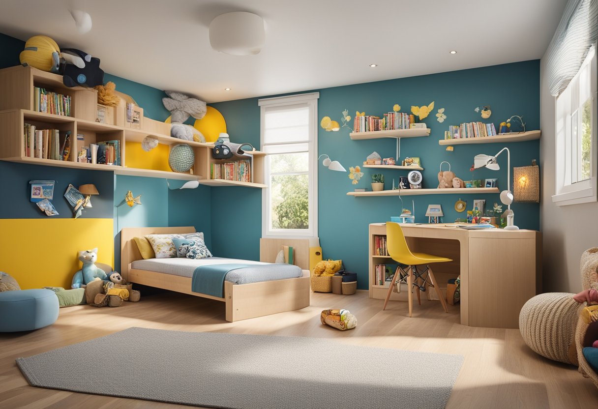Ein kleines, ordentliches Kinderzimmer mit clever organisiertem Stauraum und einer gemütlichen Leseecke. Spielzeug und Bücher sind ordentlich ausgestellt, und ein bunter Wandmalerei erhellt die Wand.