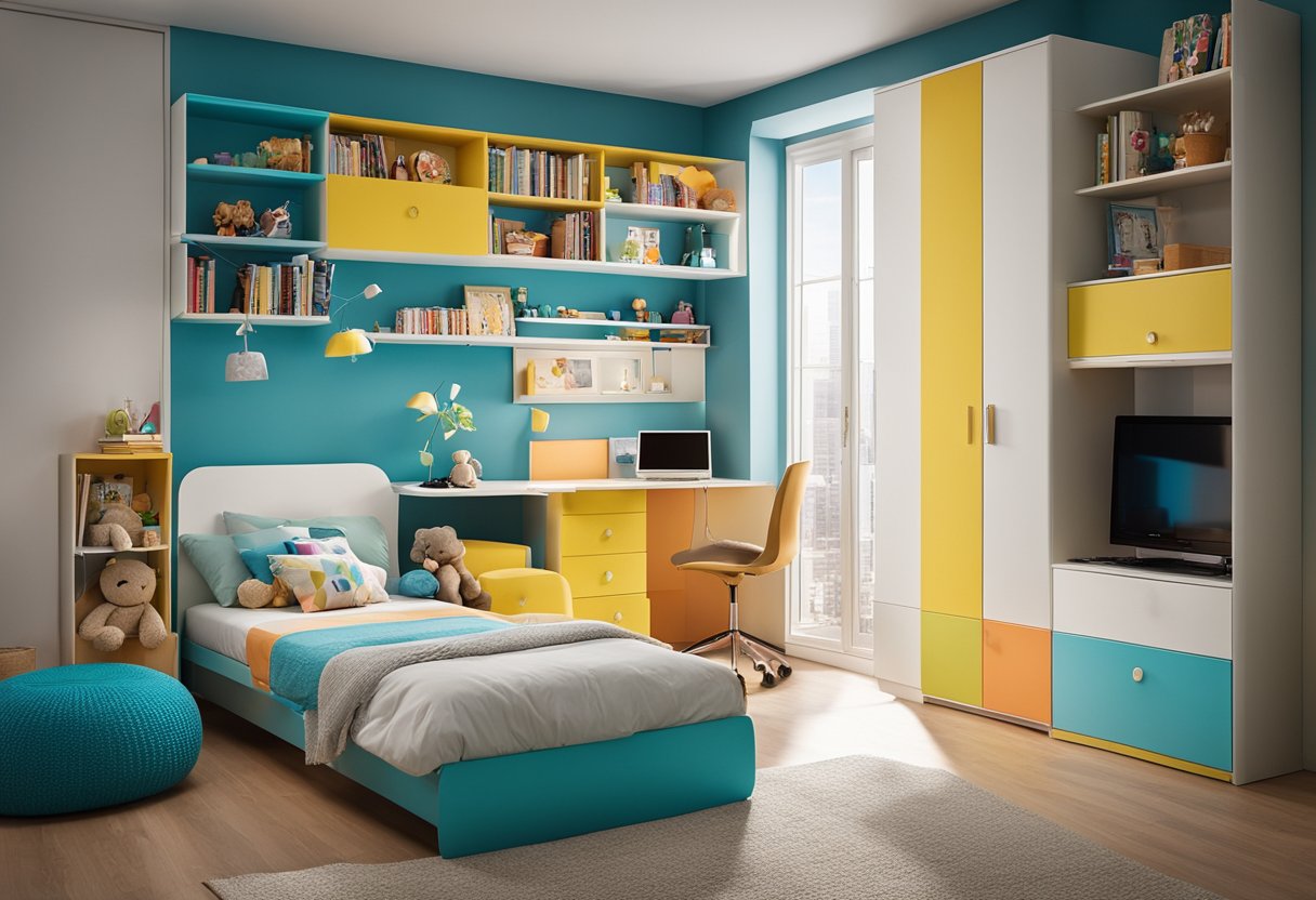 Ein kleines Kinderzimmer mit cleveren platzsparenden Möbeln und buntem Dekor