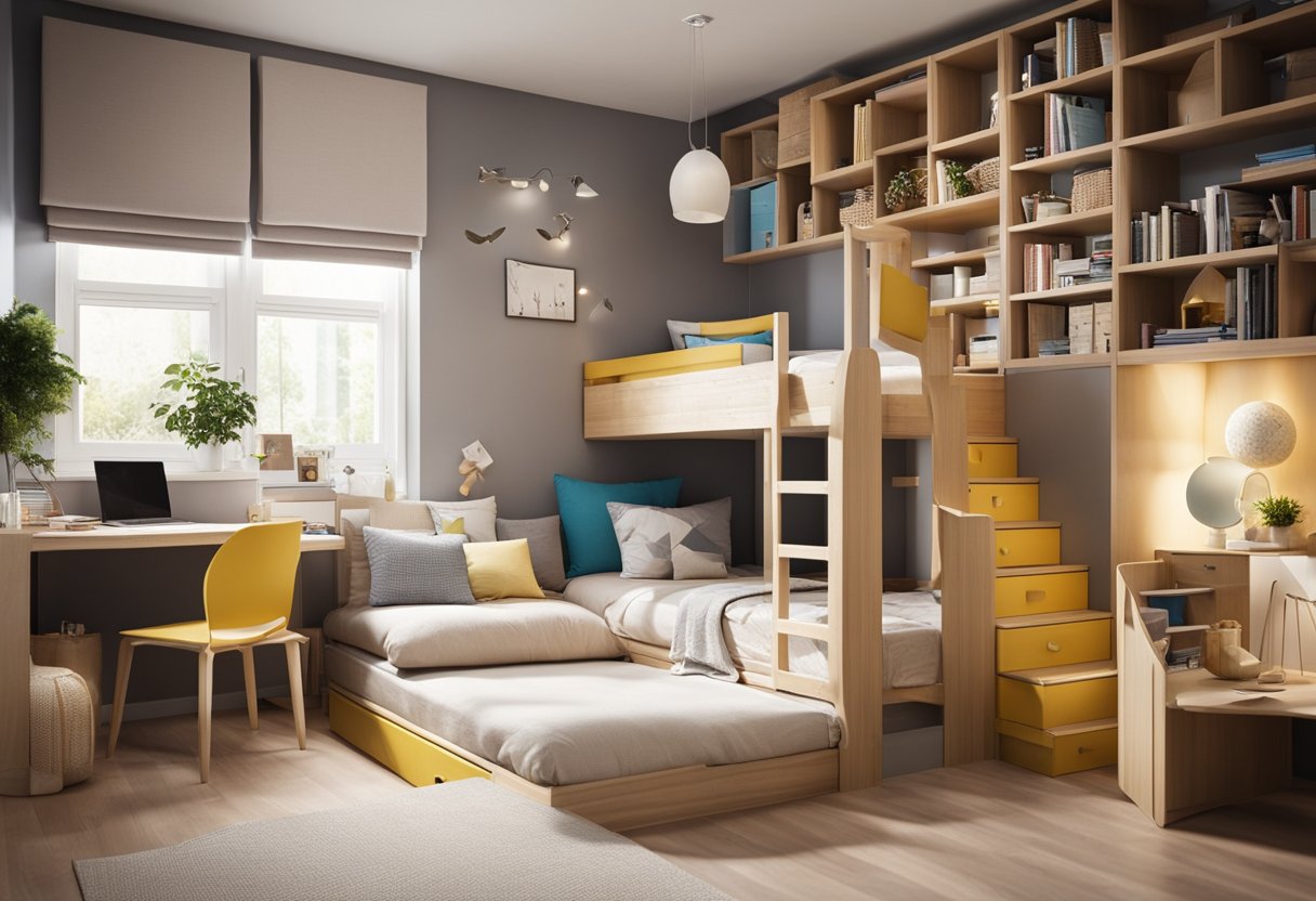 Ein kleines Kinderzimmer mit cleveren Stauraumlösungen zur Maximierung des Platzes