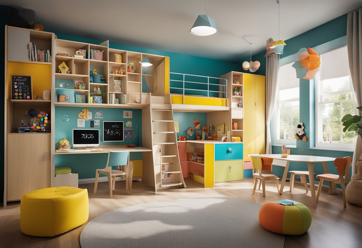 Ein bunter Spielraum mit wandelbaren Möbeln, einschließlich eines Etagenbetts mit eingebautem Stauraum, einem Schreibtisch, der sich in eine Tafel verwandelt, und einem Tisch mit verstellbarer Höhe für Kinder unterschiedlichen Alters.