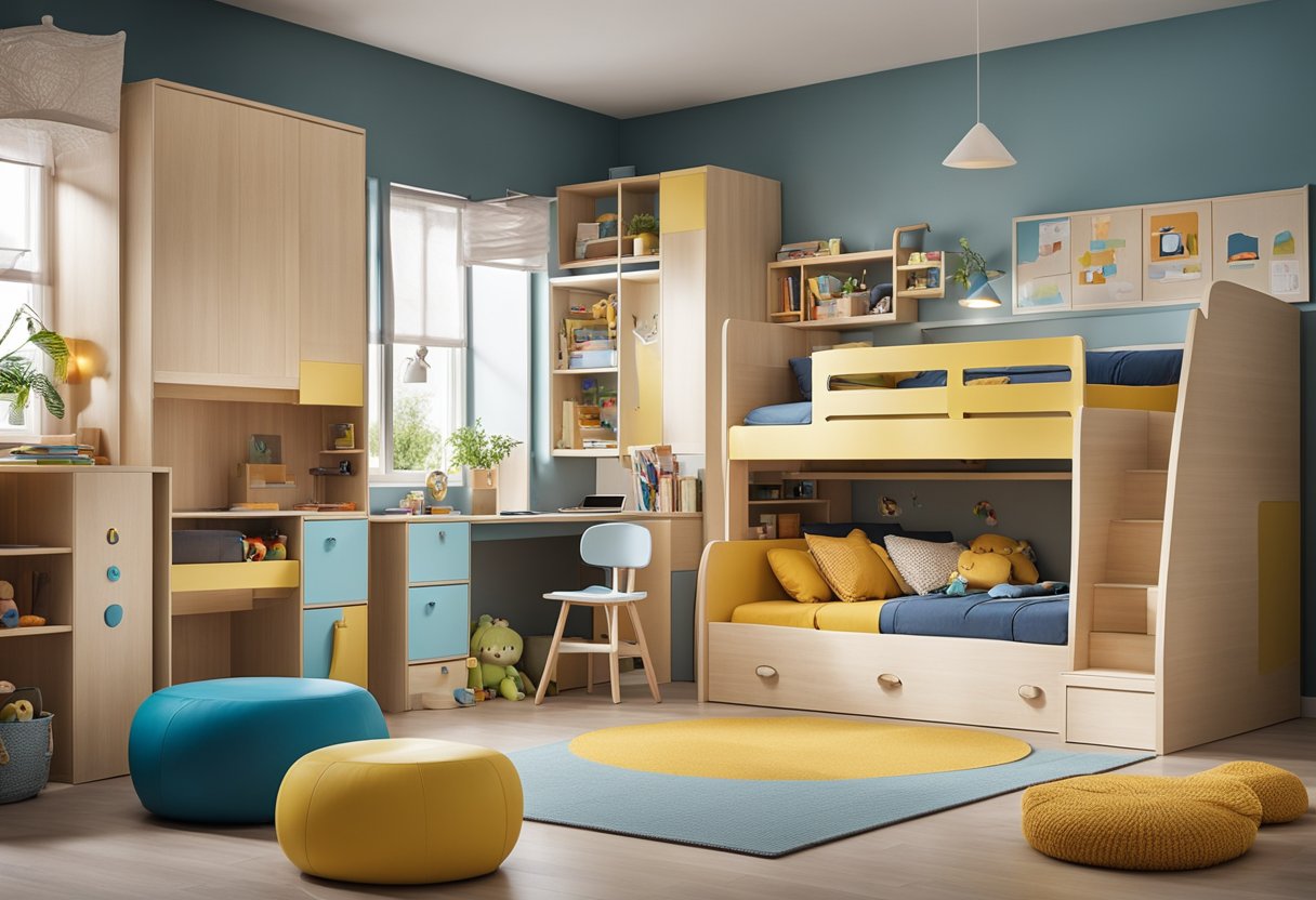 Ein bunter und verspielter Raum, der mit vielseitigen Kindermöbeln gefüllt ist, darunter ein Etagenbett mit integriertem Stauraum, ein Schreibtisch, der auch als Spieltisch verwendet werden kann, und ein umwandelbarer Hochstuhl, der sich in einen Kleinkindersitz verwandelt.