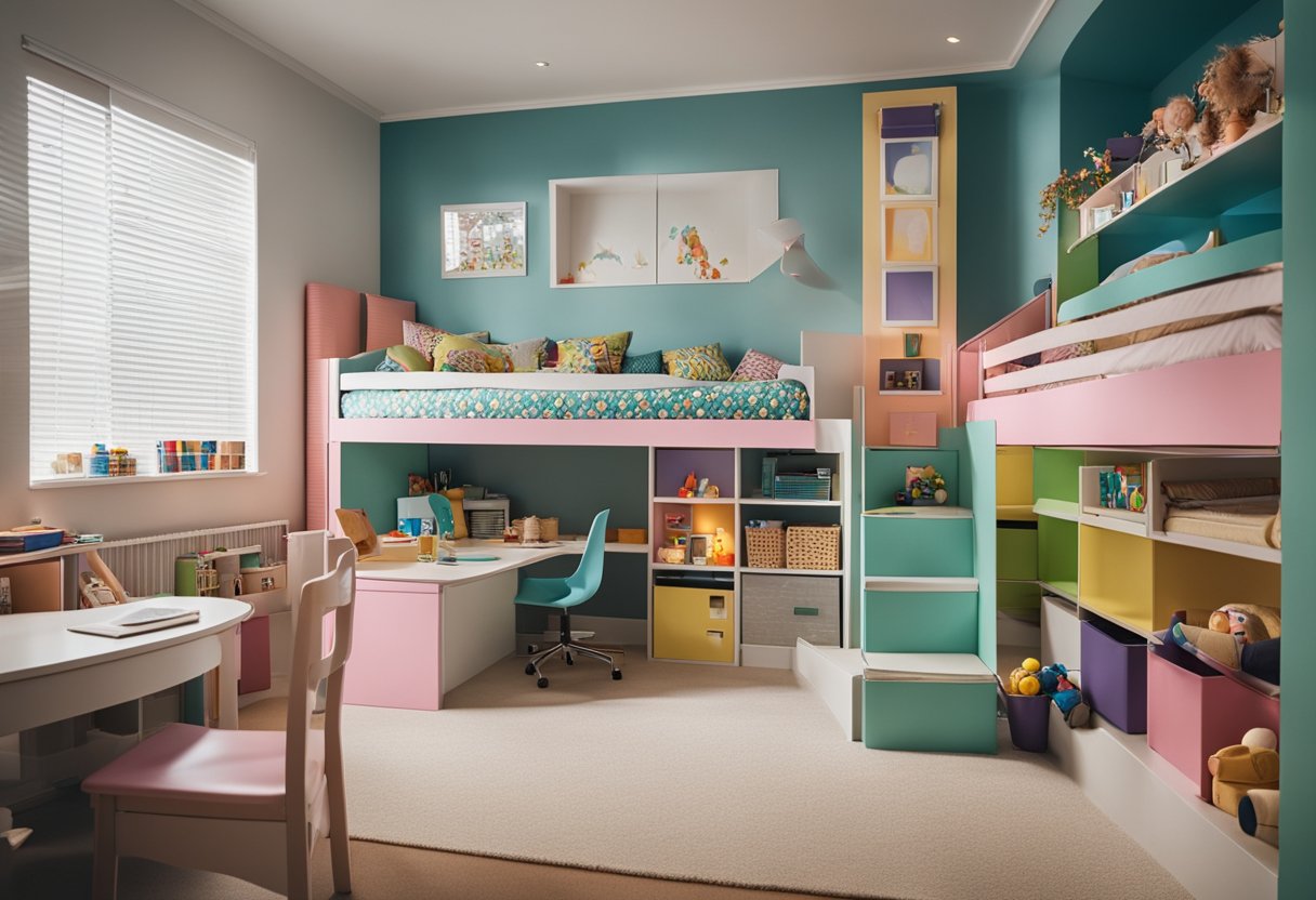 Ein bunter Spielraum mit einem umwandelbaren Etagenbett, Aufbewahrungsboxen und einem Schreibtischbereich für Kinder zum Spielen und Lernen