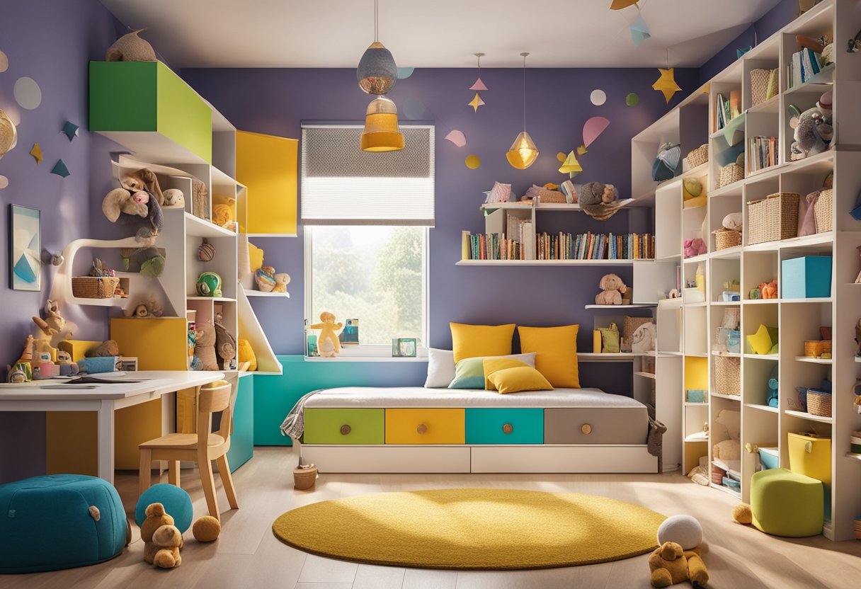 Ein buntes und verspieltes Kinderzimmer mit DIY-Dekorationen, einschließlich handgemachter Wandkunst, einer gemütlichen Leseecke und fantasievoller Spielzeugaufbewahrung