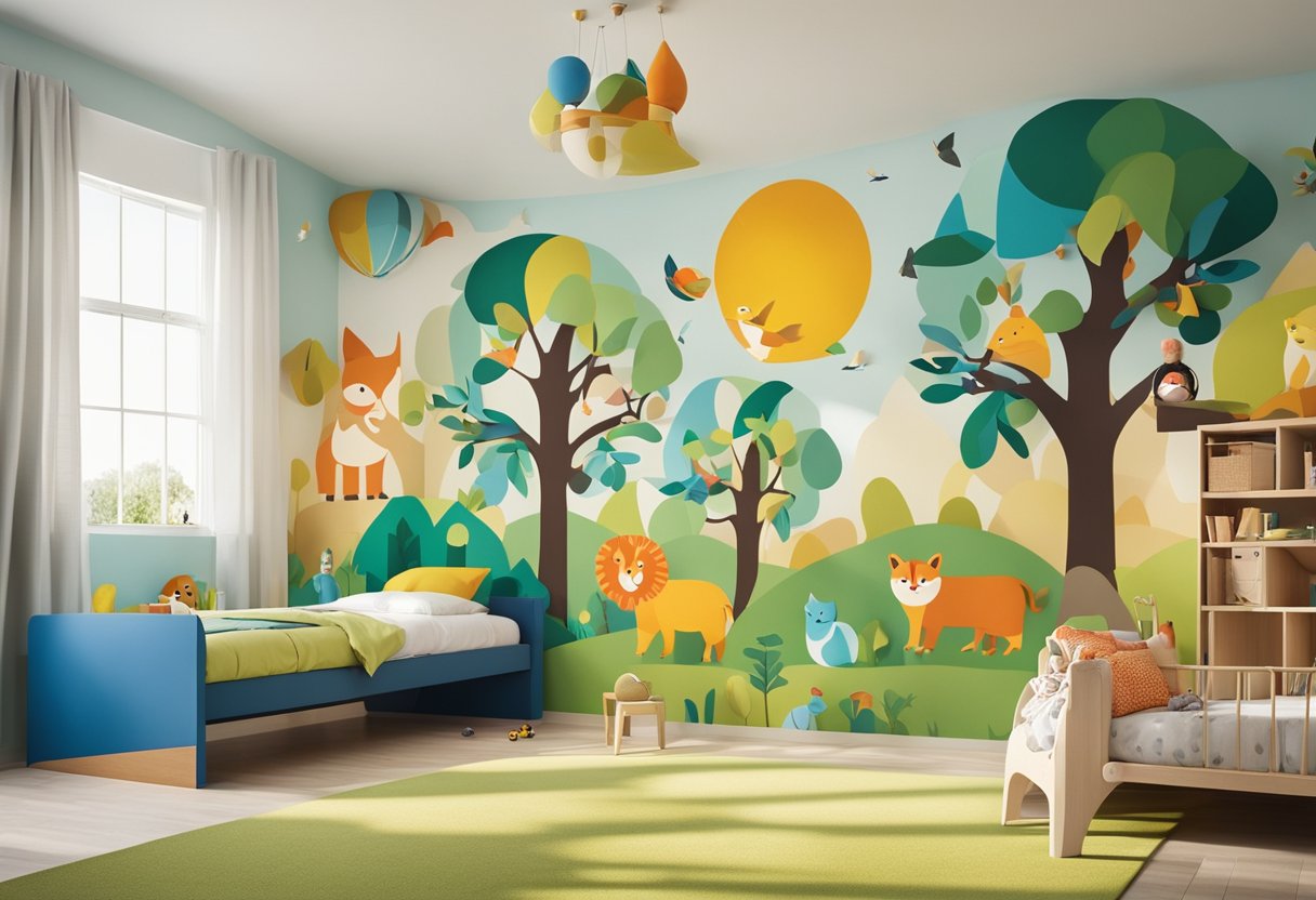Ein buntes und verspieltes Wandgemälde von Tieren, Bäumen und spielerischen Formen schmückt die Wände eines fröhlichen Kinderzimmers.
