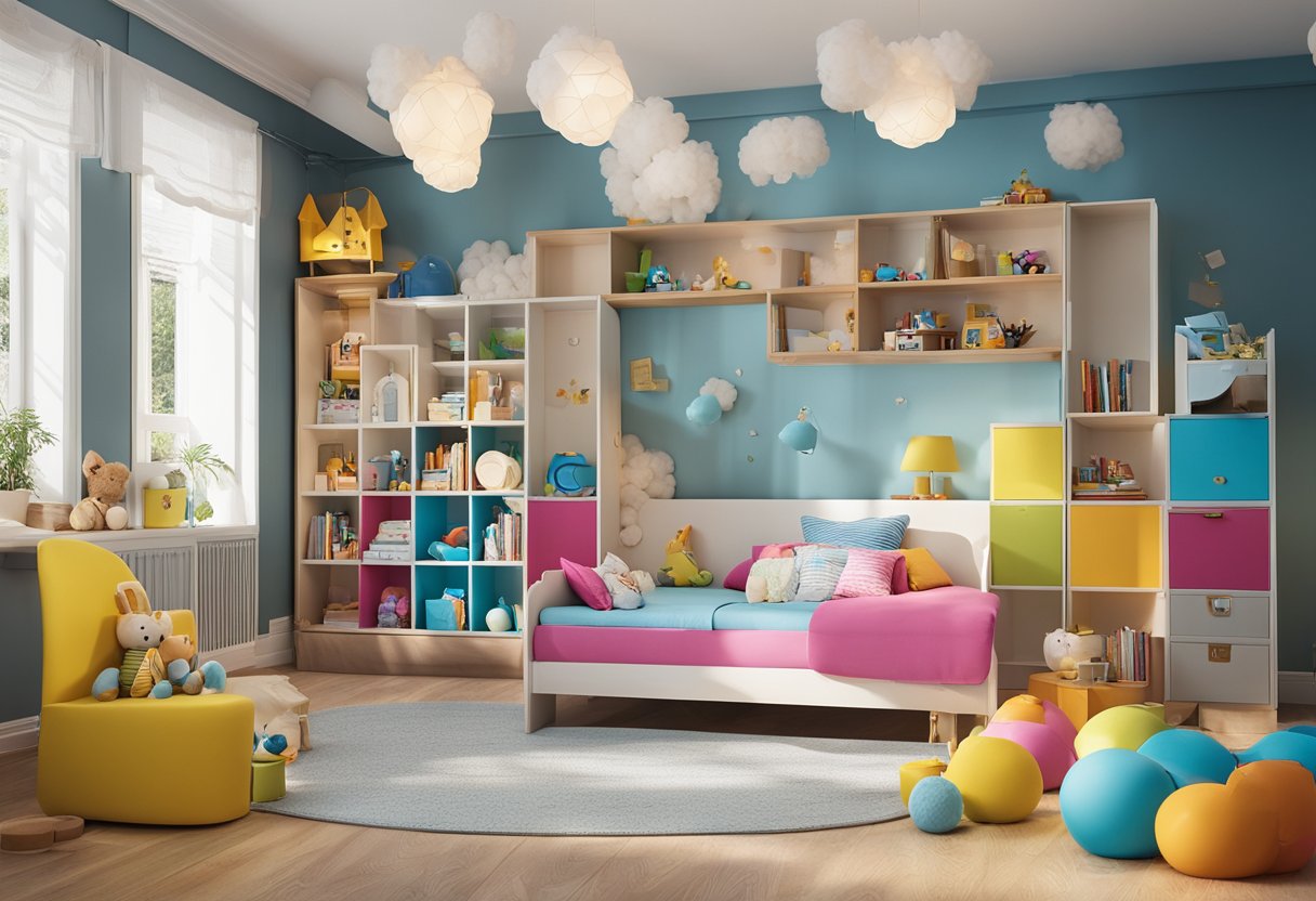 Ein geschlechtsneutrales Kinderzimmer mit bunten Spielzeugen, Büchern und Möbeln. Keine spezifischen geschlechtsspezifischen Farben oder Themen.