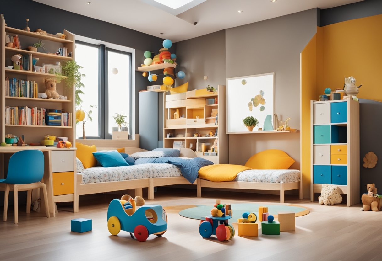 Ein geschlechtsneutrales Kinderzimmer mit bunten Spielzeugen, Büchern und Möbeln, die auf eine ausgewogene und inklusive Weise angeordnet sind.