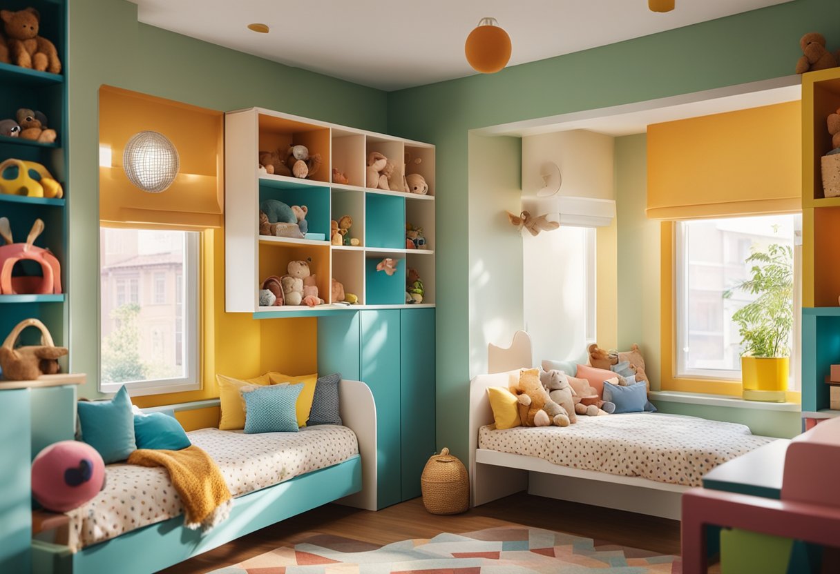 Ein buntes, gemütliches Kinderzimmer mit zwei kleinen Betten, einem Bücherregal voller Spielzeuge und einem großen Fenster, das warmes Sonnenlicht hereinlässt.