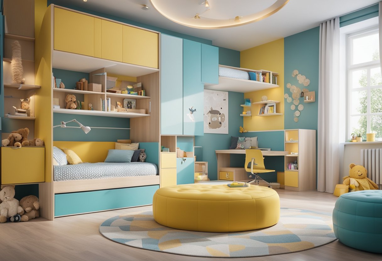 Ein geräumiges Kinderzimmer mit zwei Betten, einem Spielbereich und Stauraum für Spielzeug und Kleidung. Helle Farben und fröhliche Dekorationen schaffen eine einladende Umgebung.