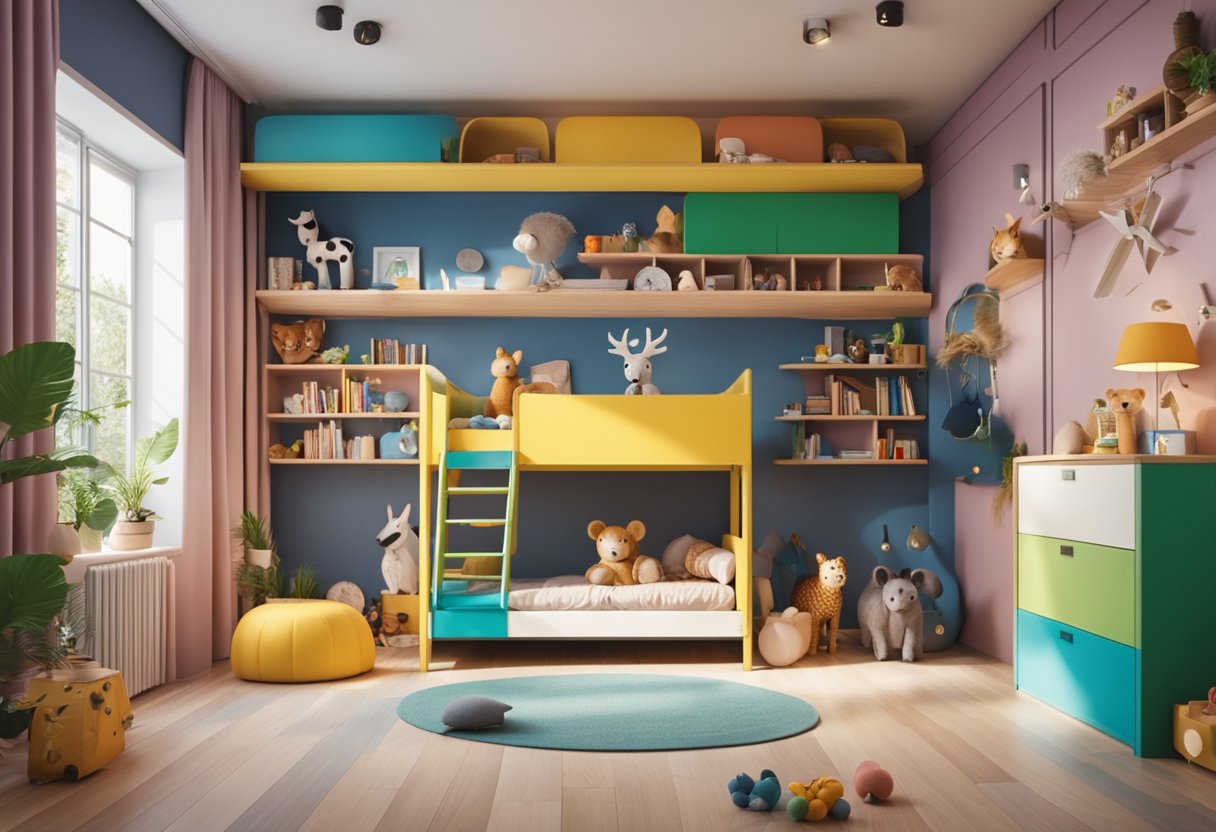 Ein buntes und verspieltes Kinderzimmer mit zwei Betten, einem Bücherregal voller Spielzeuge und tierischen Dekorationen.