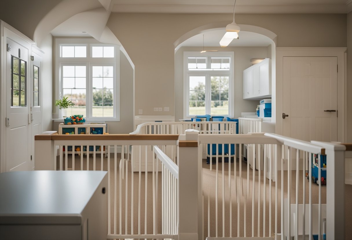 Ein kindersicherer Kindergarten mit verschlossenen Schränken, Eckschutz und Steckdosenschutz. Spielzeugkisten sind an der Wand gesichert und ein Sicherheitsgitter blockiert die Treppe.