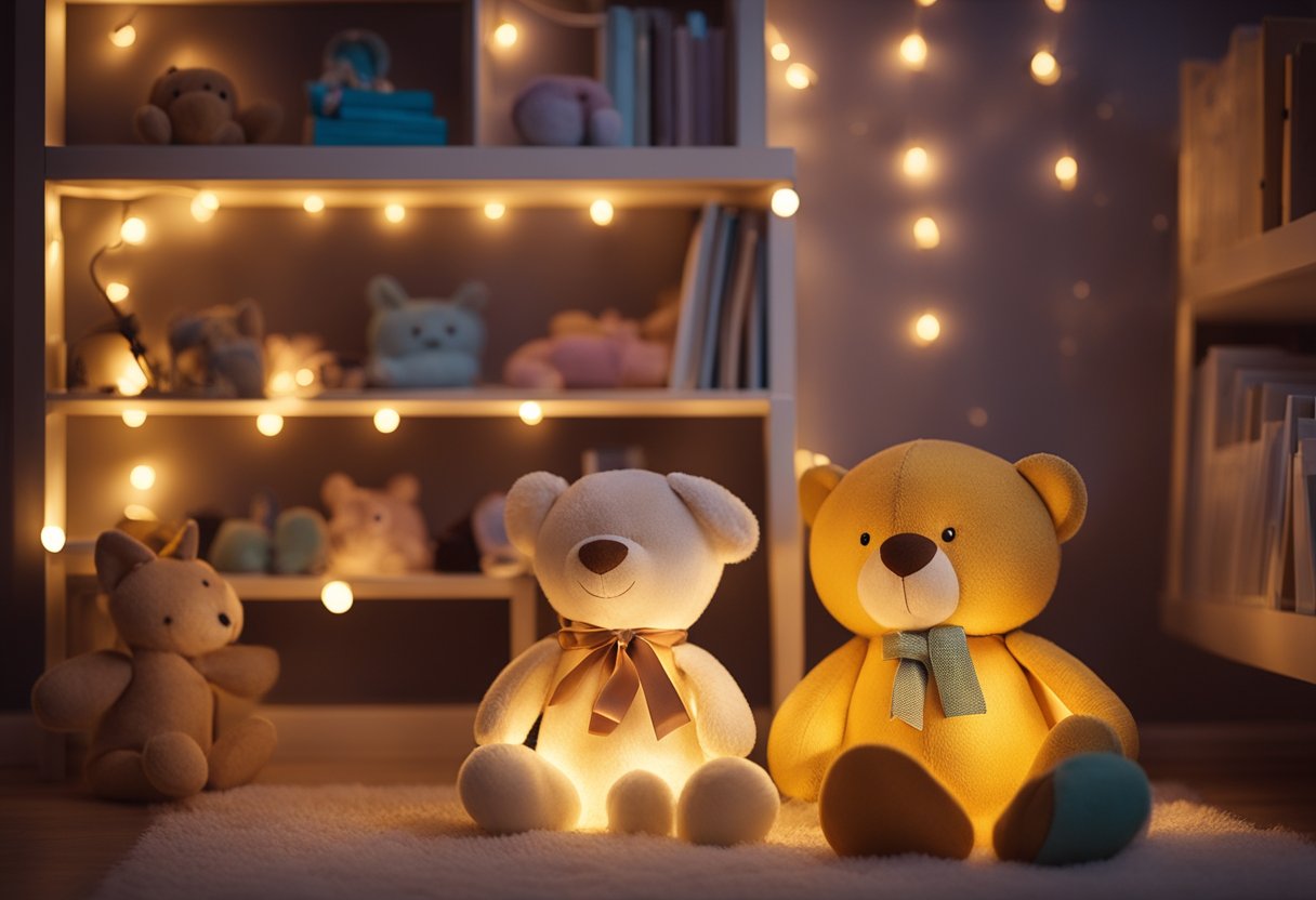 Ein gemütliches Kinderzimmer mit sanfter, warmer Beleuchtung von Lichtern und einem verspielten, bunten Nachtlicht. Spielzeug und Bücher sind ordentlich in Regalen organisiert.