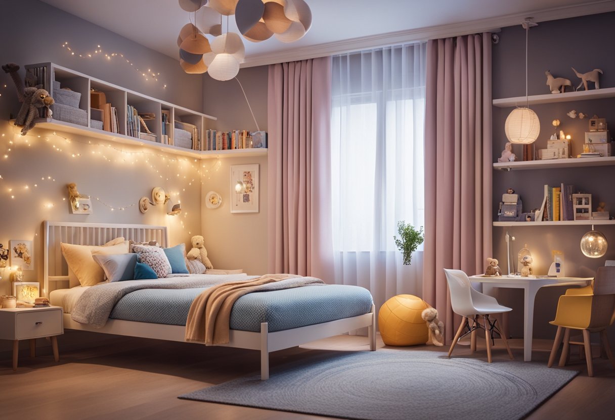 Ein gemütliches Kinderzimmer mit sanfter, warmer Beleuchtung von einer Deckenleuchte und einer Nachttischlampe. Spielzeug und Bücher sind ordentlich auf Regalen organisiert, und bunte Vorhänge hängen am Fenster.