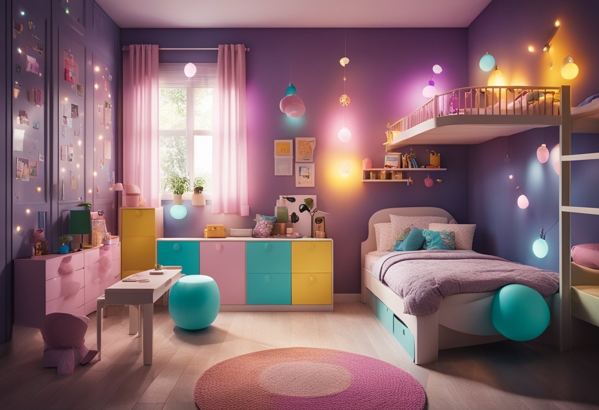 Ein fantasievolles Kinderzimmer mit bunten, interaktiven Lichtelementen und verspielten, einfallsreichen Designelementen