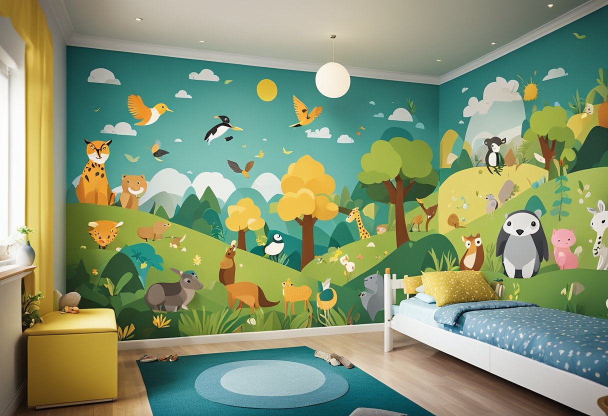 Ein buntes Wandgemälde von Tieren und Natur schmückt die Wände eines verspielten und fantasievollen Kinderzimmers.