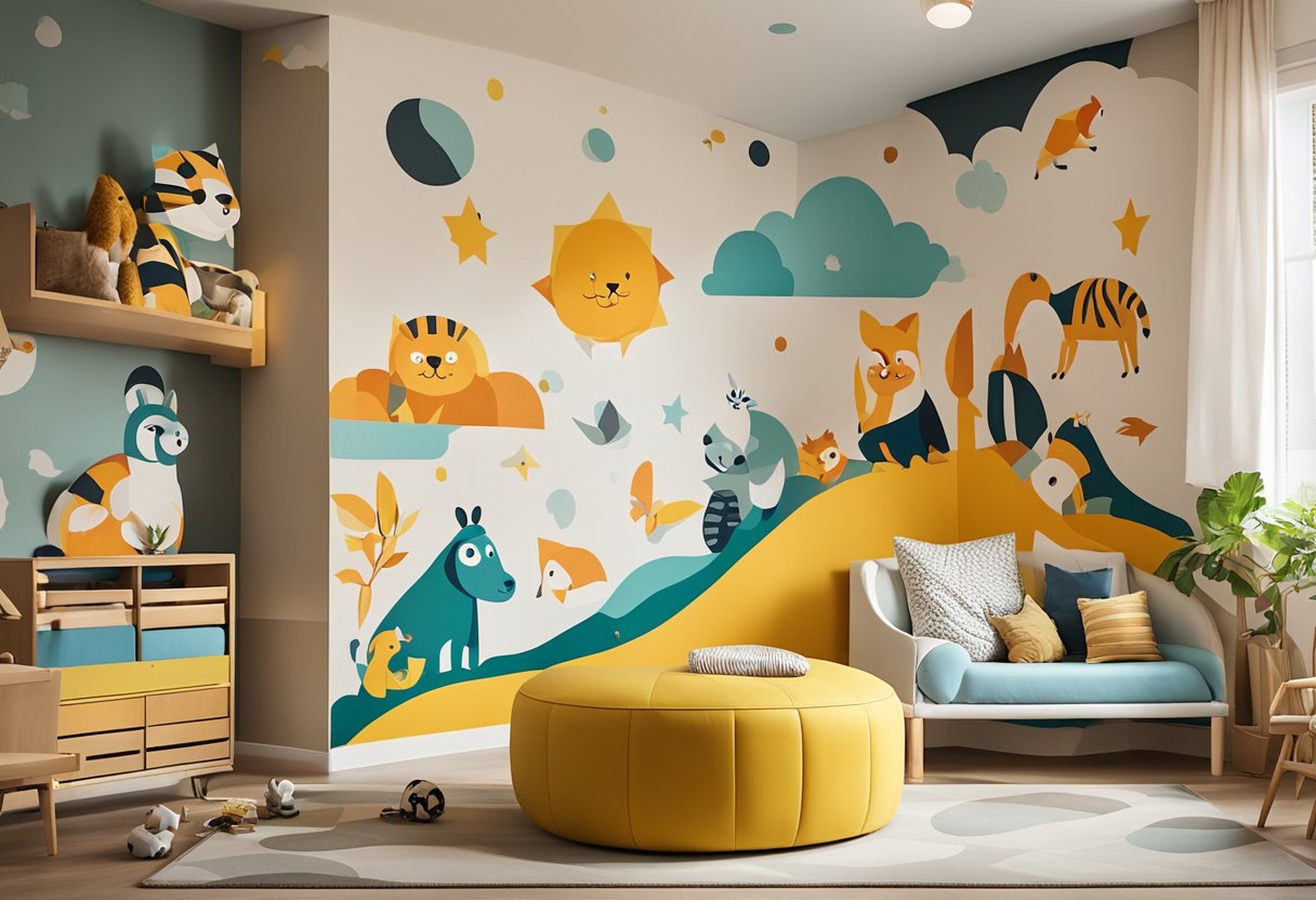 Ein buntes Wandgemälde von Tieren und verspielten Formen schmückt die Wände eines fröhlichen Kinderzimmers, mit einer gemütlichen Leseecke, die in der Ecke eingebettet ist.