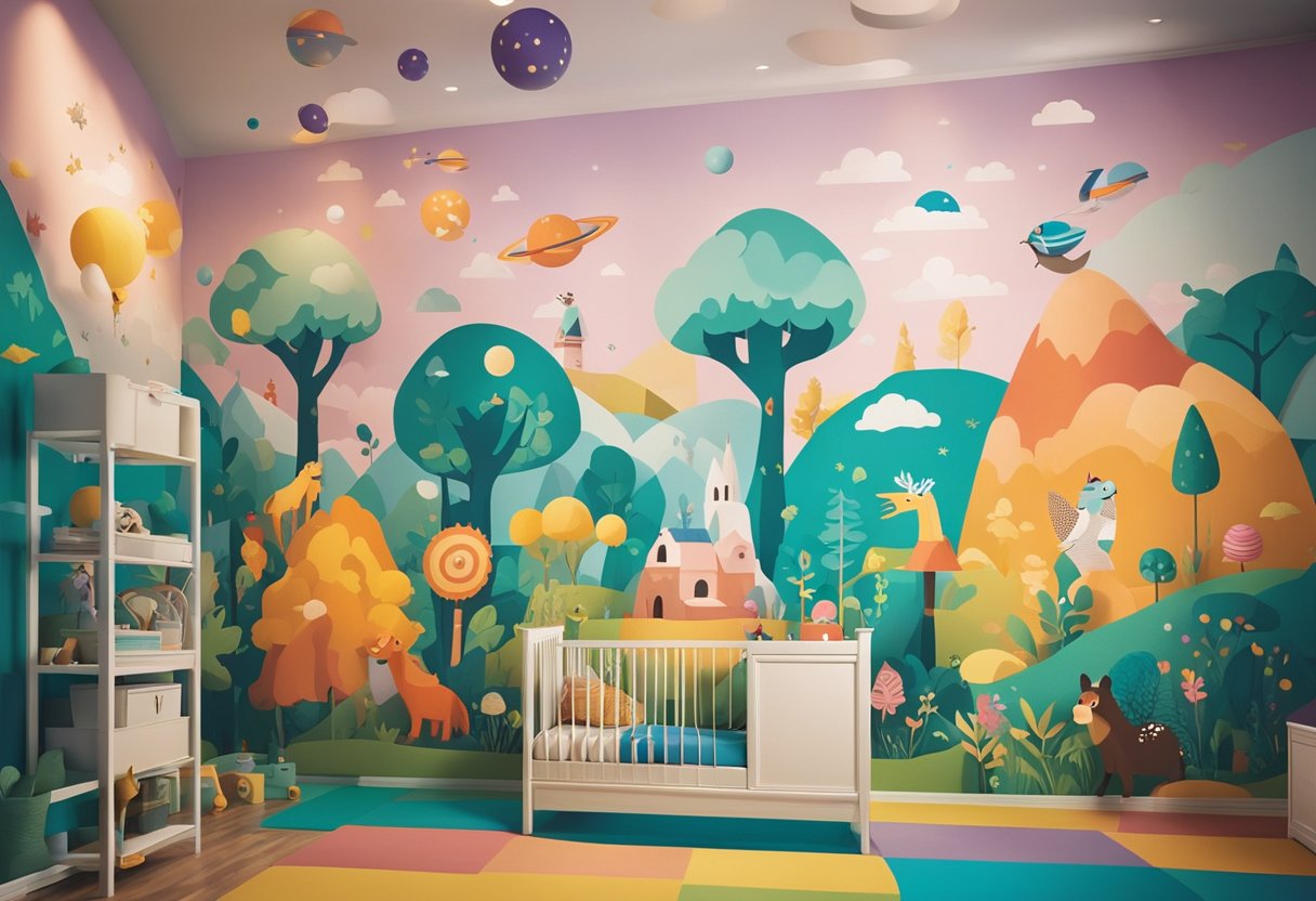 Ein buntes und fantasievolles Wandgemälde bedeckt die Wände eines Kinderzimmers und zeigt einfallsreiche Themen und verspielte Ideen wie Tiere, den Weltraum und Fantasielandschaften.